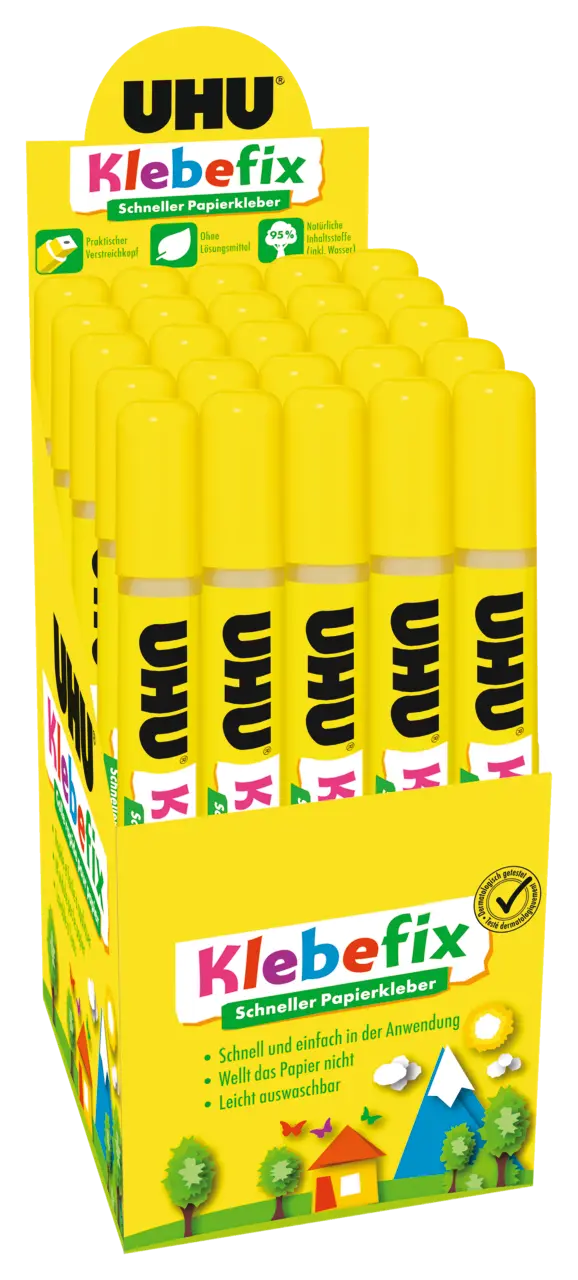 UHU Klebefix Papierkleber – 25 G, Lösungsmittelfrei, Leicht Abwaschbar, Mit Abzieher